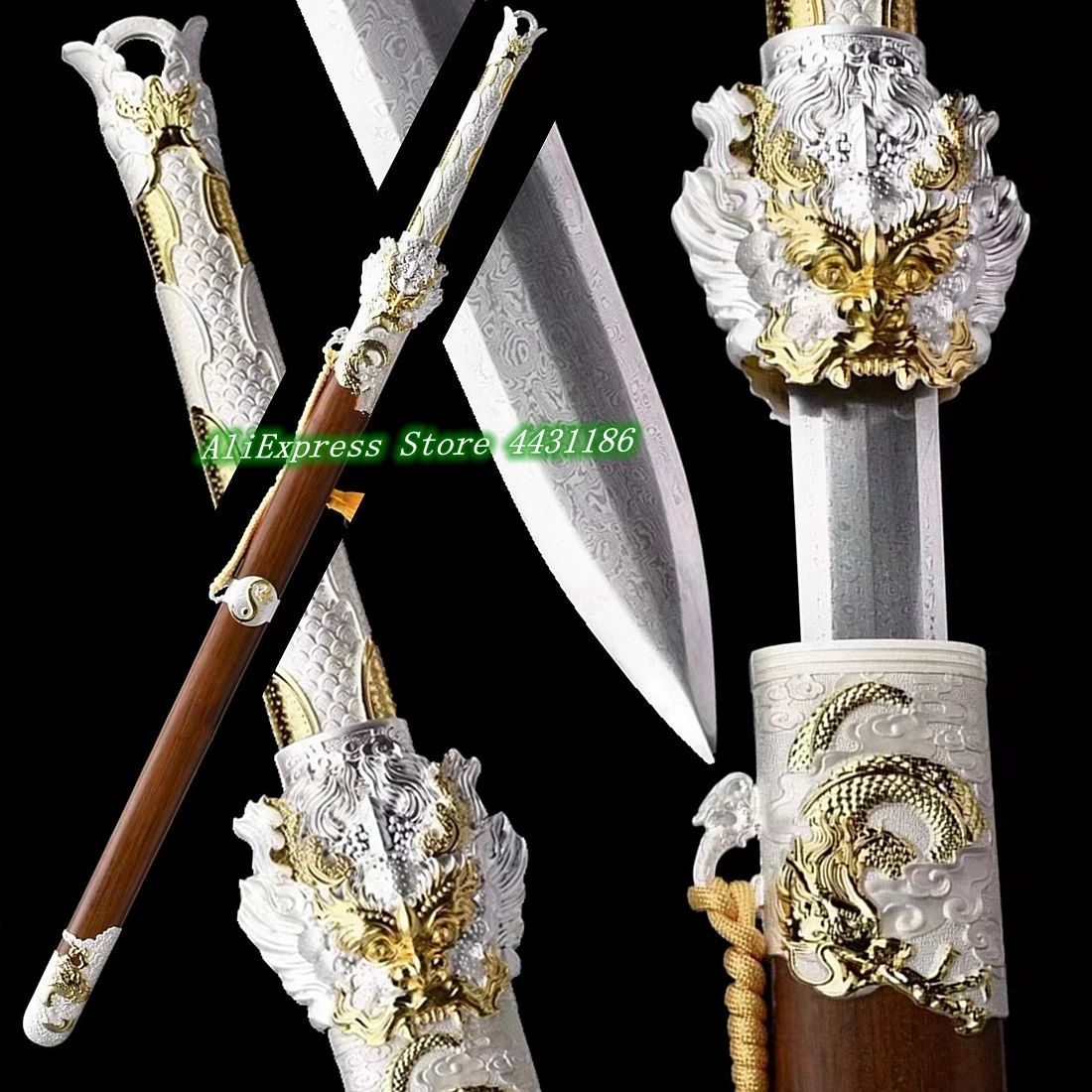 Hand-Forged Damascus Folded T10 Steel Blade Chinese KungFu Double Edge Sword Metal Handle Han Tang Saber Dragon King Battle Jian