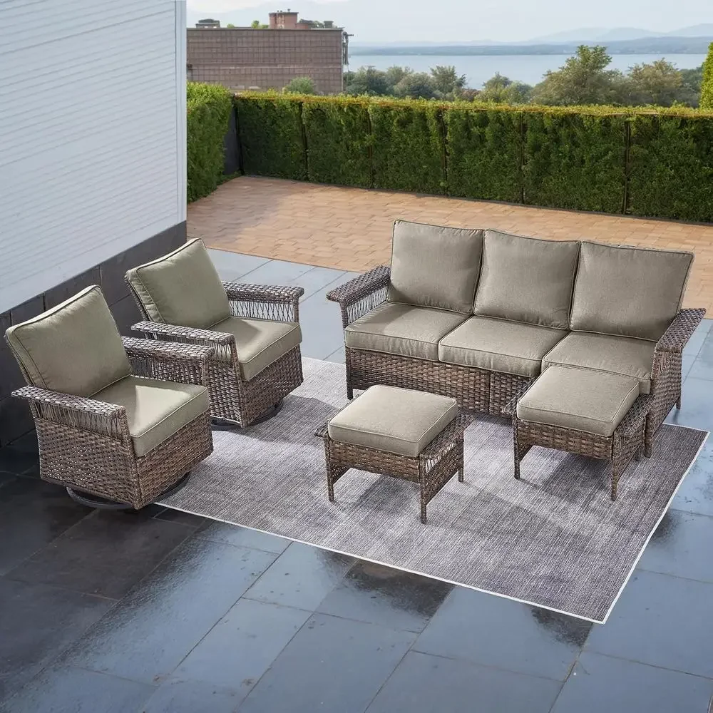 

5-Piece Wicker Patio Furniture Set with Rocking Swivel Chairs, Ottomans, Sofa for Garden, Backyard (Brown/Grey)