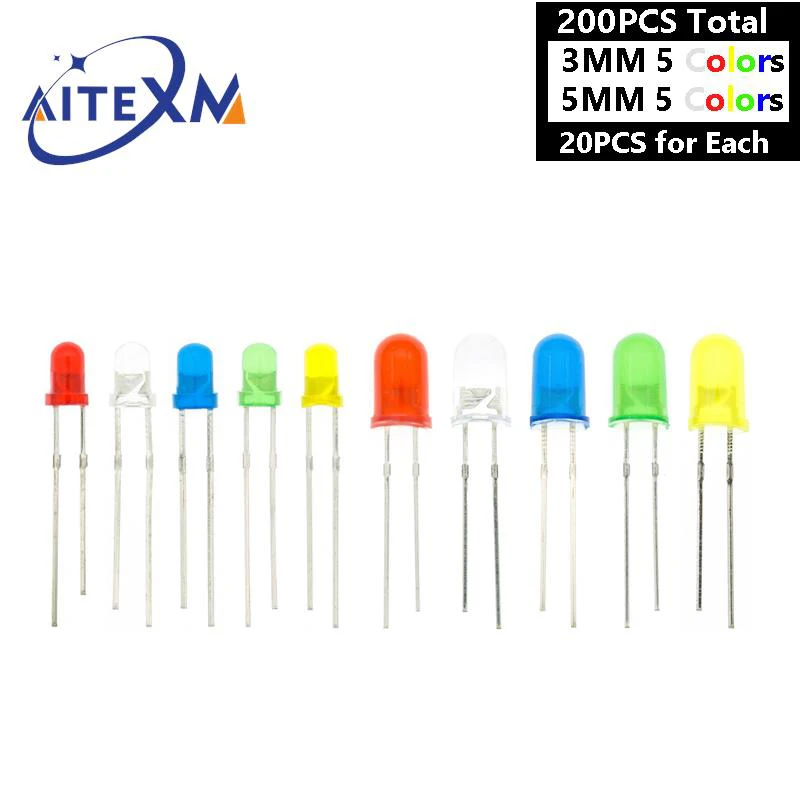 200PCS/box 3mm/5mm LED Diodes Assorted Kit White Green Red Blue Yellow F3/F5 Light Emitting Diodes for DIY Electronics
