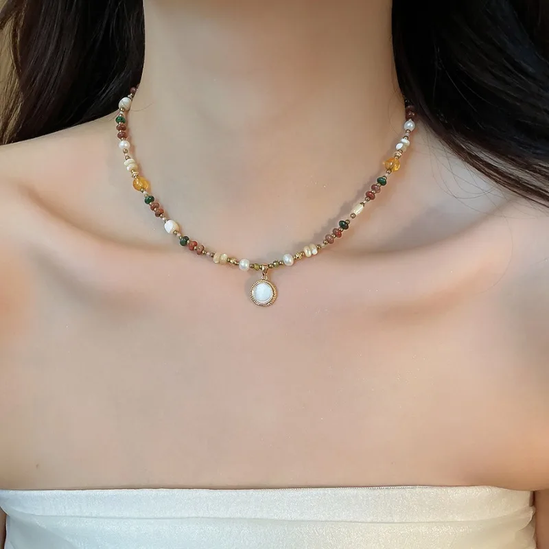 Minar Boho Natural Stone Shell Beads Freshwater Pearl Round Resin Pendant Necklaces for Women 18K Gold Copper Strand Choker