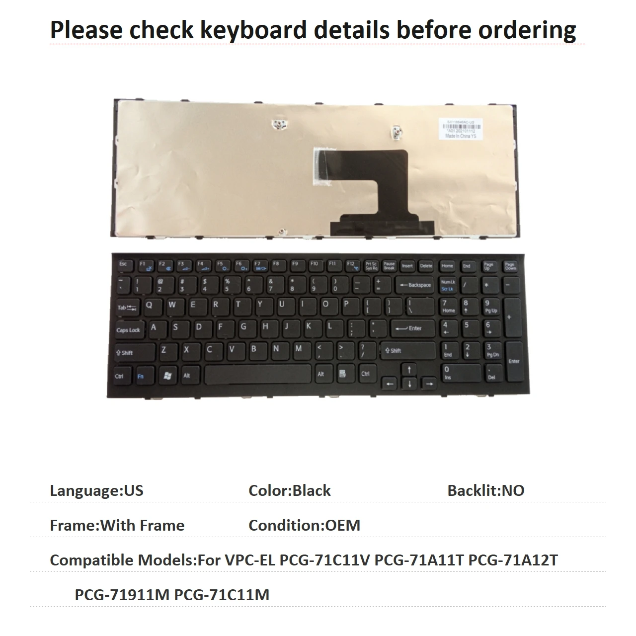 New US Language  Keyboard For Sony VPC-EL PCG-71C11V PCG-71A11T PCG-71A12T PCG-71911M PCG-71C11M Replacement Keyboard