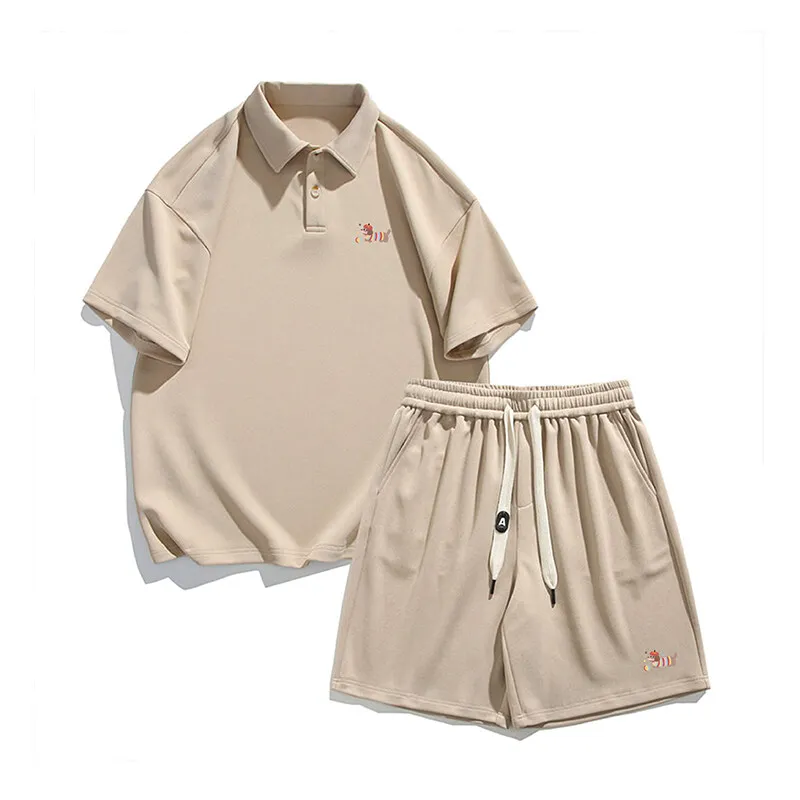 Einfarbiges Polo- und Shorts-Set für Herren mit Welpen-Aufdruck – 2-teiliges Outfit aus atmungsaktiver Baumwolle mit Kordelzug an der Taille, lässige Sommer-Sets