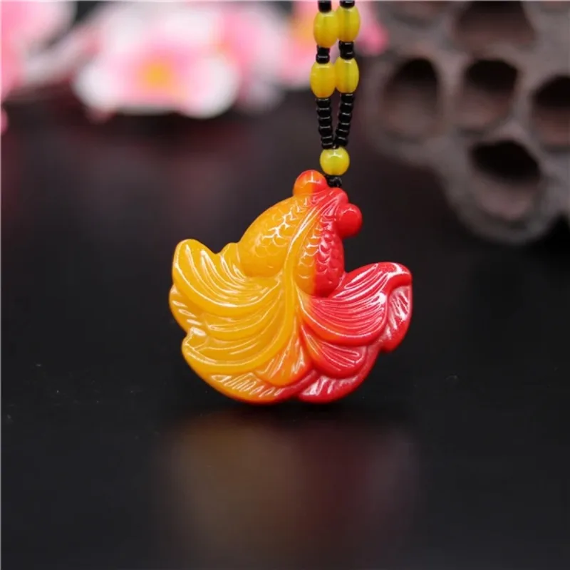 

Chinese Yellow Red Jade Goldfish Pendant Necklace Charm Jewellery Fashion Accessories Hand-Carved Amulet Men Woman Gifts