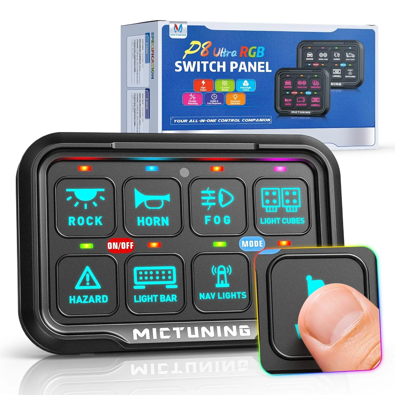 

MICTUNING P8-Ultra 6/8 Gang Switch Panel,4 Control Modes with Color Indicators, Automatic Dimmable On-Off LED Switch Pod