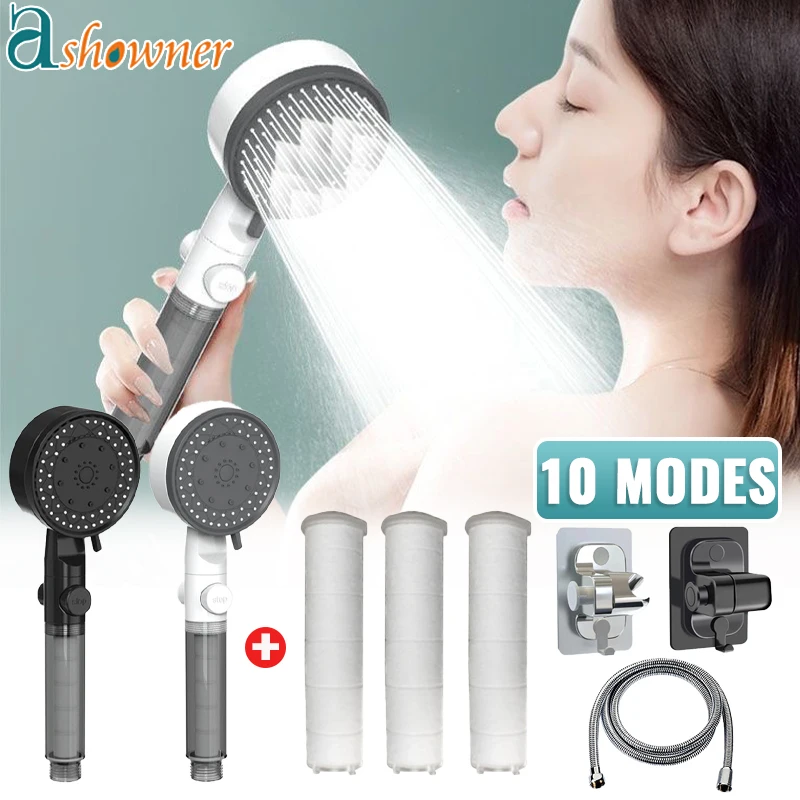 10 Modes High-Pressure Filtered Water Shower Head One Key Stop Water Shower Head Portable Shower Nozzle Bathroom Accessories