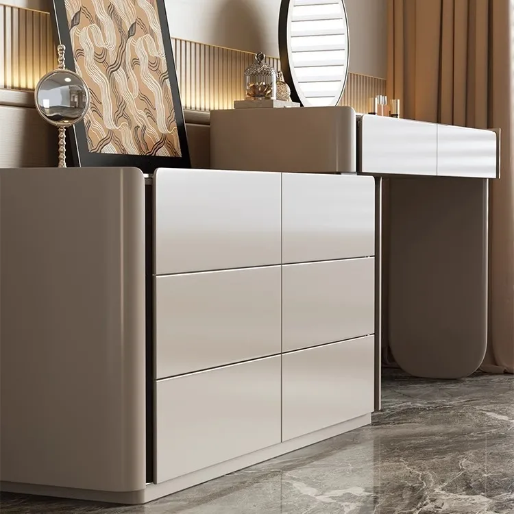 طاولة تزيين مكتبية عصرية مع مرآة LED ذكية، مجموعة مكياج فاخرة تتضمن خزانة جانبية قابلة للتوسيع مع 6 أدراج #5