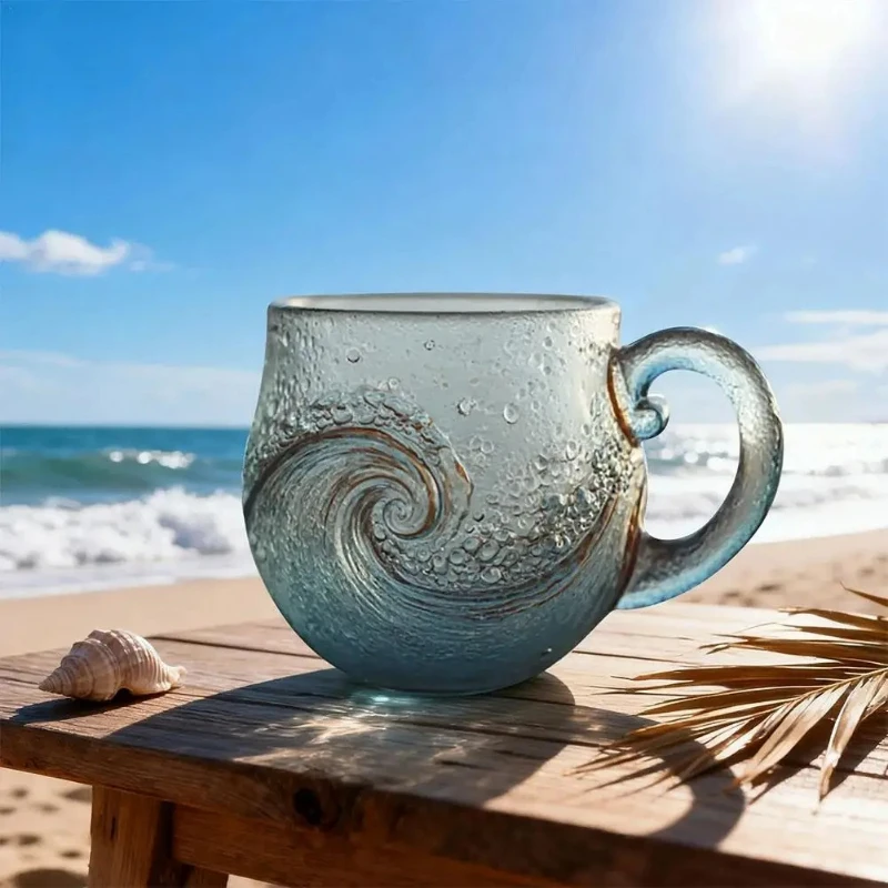 

Ocean Themed Glass Coffee Mug With Sea Wave Design For Beach Bar Workplace Travel Use Unique Handmade Gift Idea