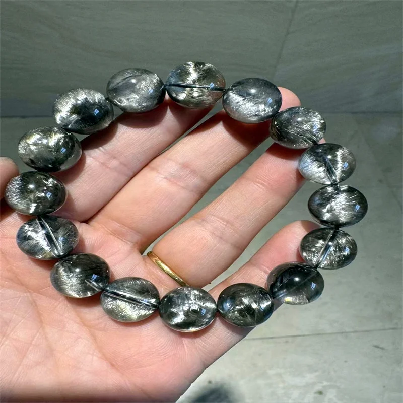 Natural Black And Silver Rutilated Quartz Bracelet High Wealthy Gemstone Fashion Jewelry Fengshui Healing Energy Gift 13.5mm