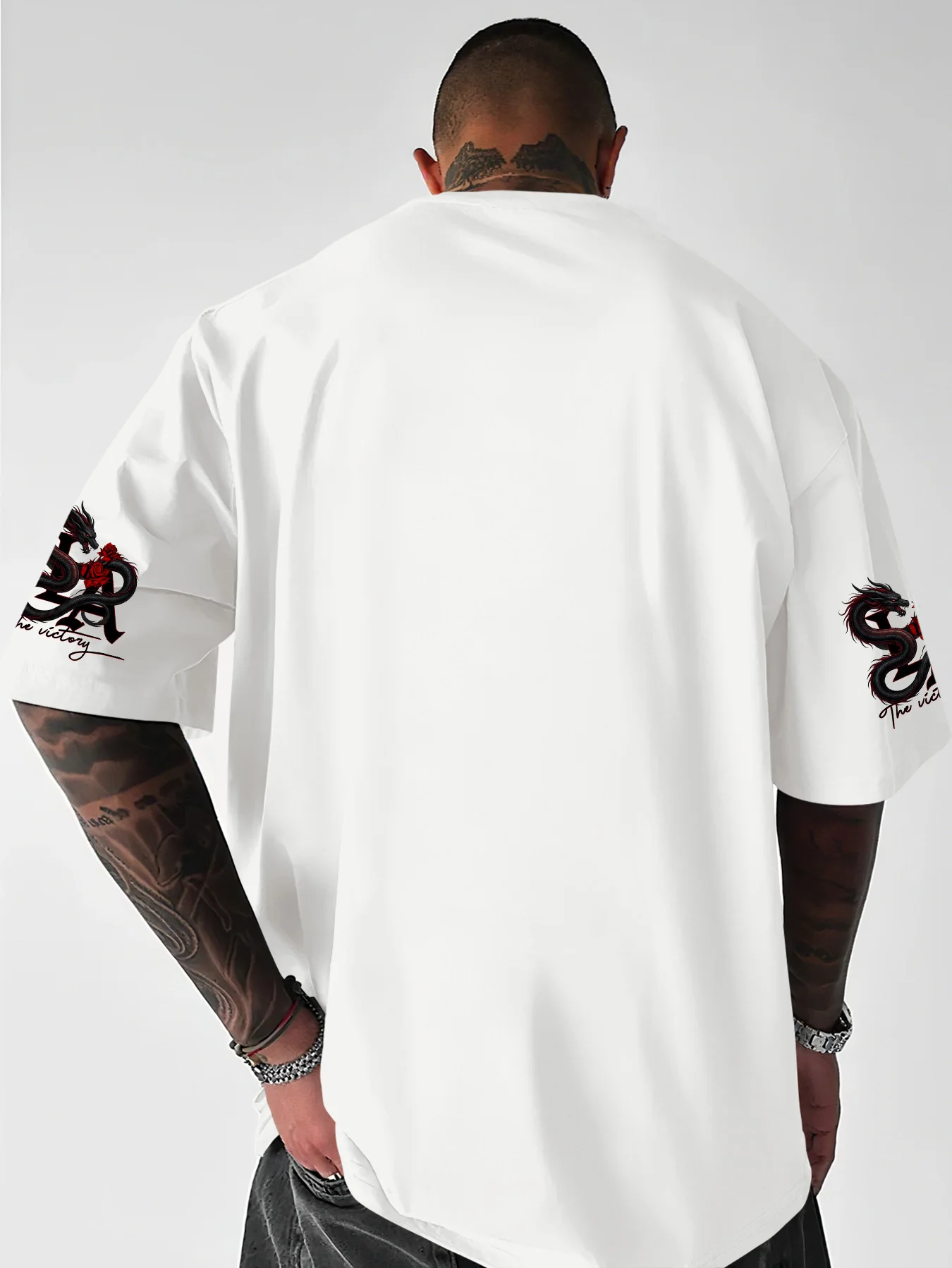 Men Drop Shoulder Oversized Tee Oriental Dragon Red Rose Graphic Print Short Sleeve Streetwear T-shirt S-XXL