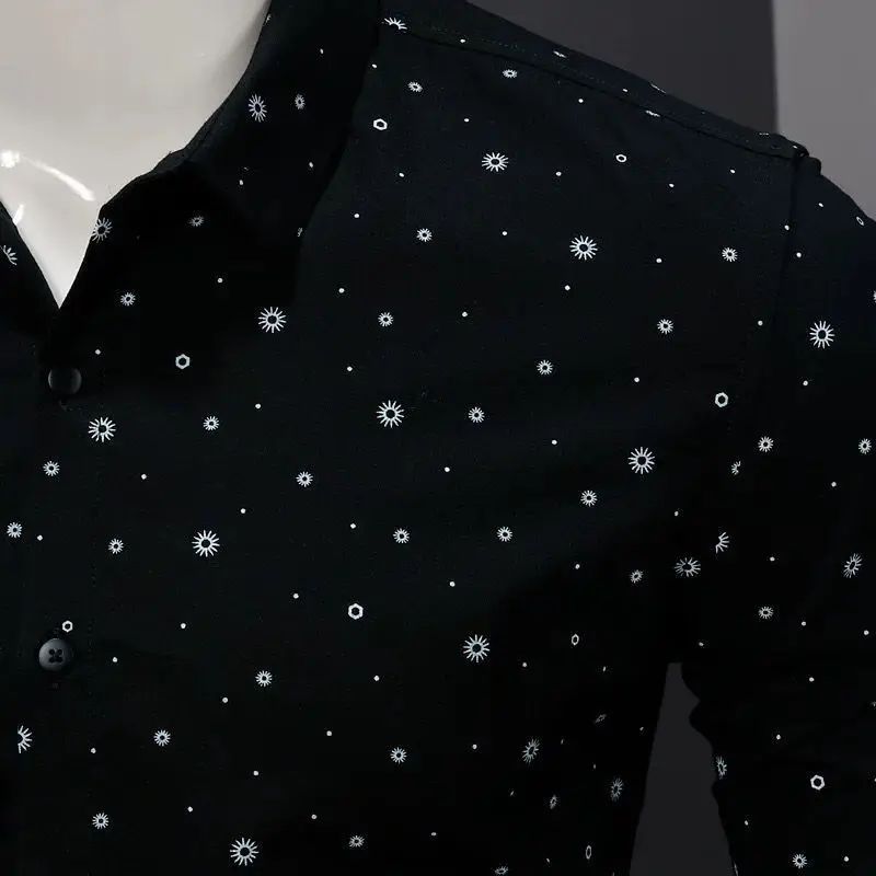 Spring Autumn Male Polo-neck Polka Dot Printed Casual Shirt Hombre Long Sleeve Fashion All-match Buttons Blouse Top Men Cardigan