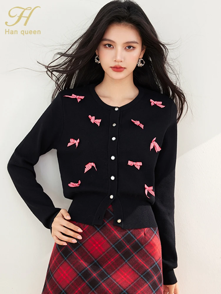 

H Han Queen Autumn Winter Basic O-Neck Long Sleeve Bow Sweaters Women Cardigans Korean Soft Knitted Tops Female Clothing