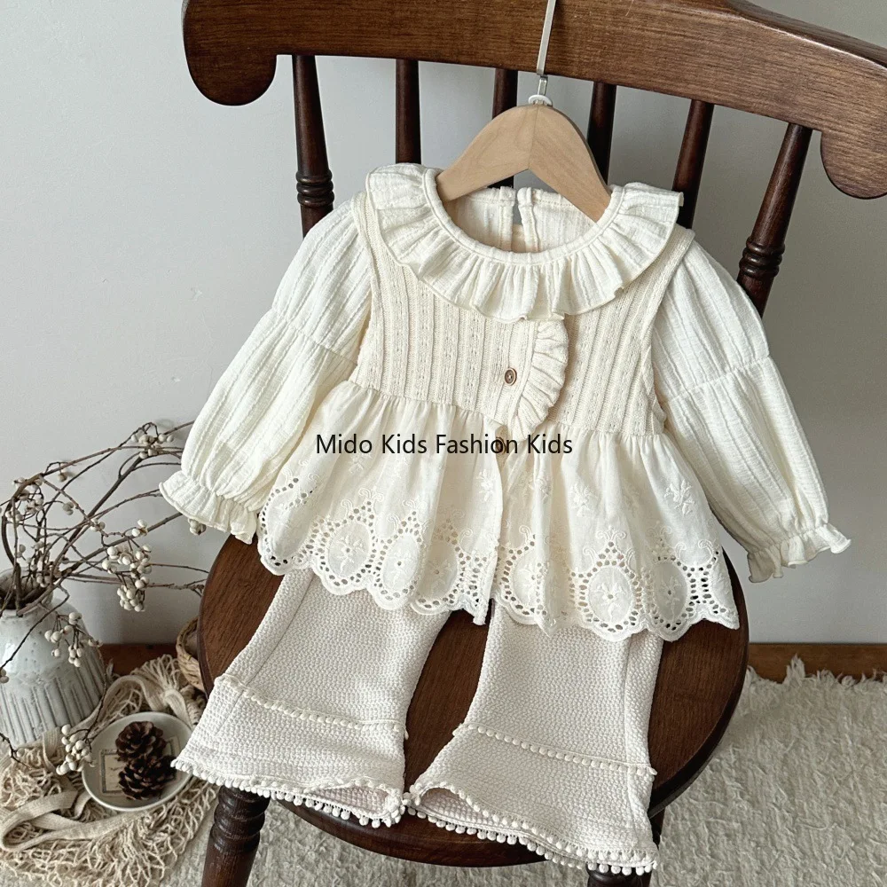 Autumn Winter Baby Girl Vest Double Layer Rib Jacquard Lace Trim Sleeveless Waistcoat Single Breasted Infant Toddler Outerwear