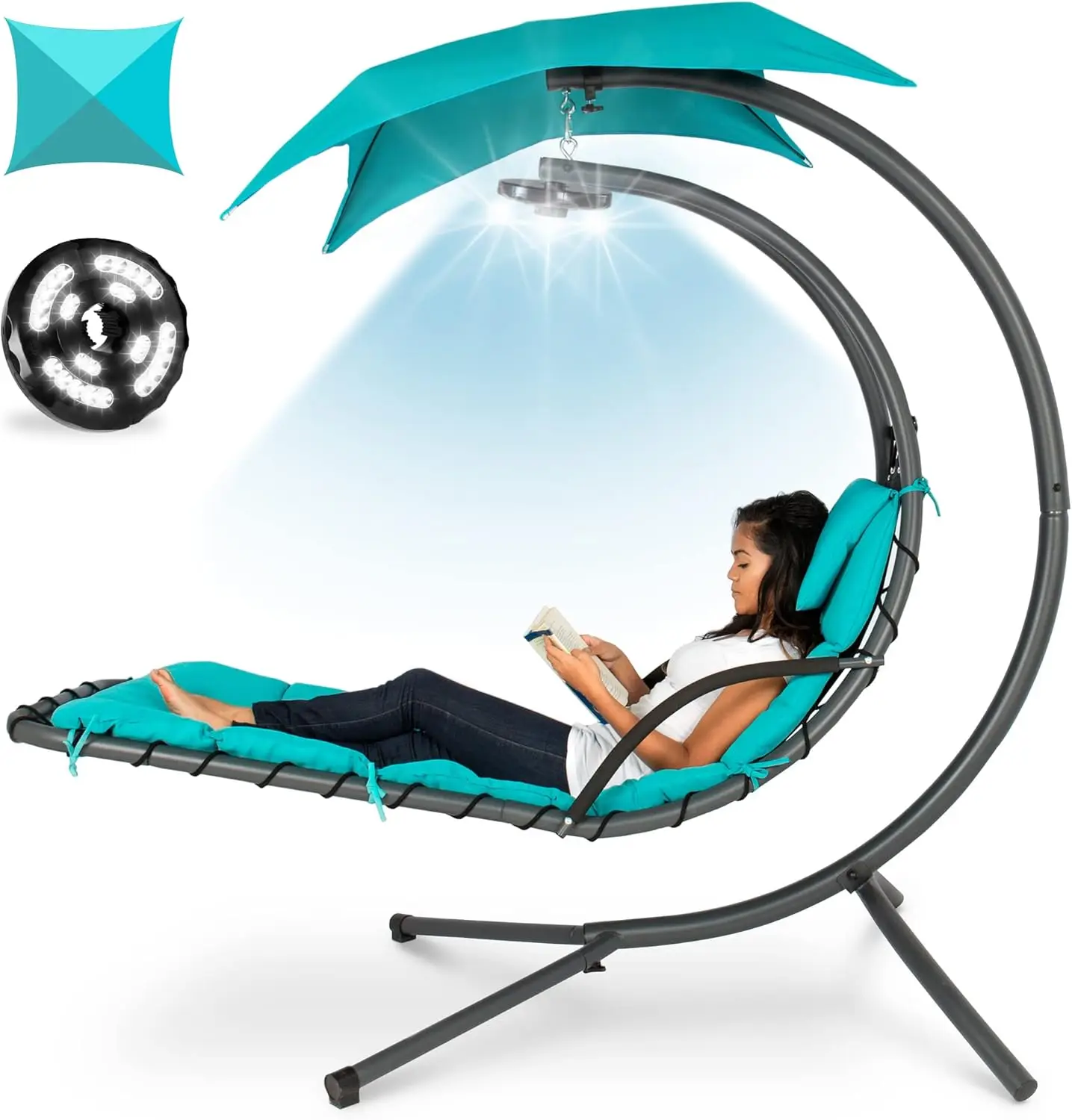 

Hanging LED Lit Curved Chaise Lounge Chair Swing for Backyard Patio Lawn 3 Light Settings Weather Resistant Pillow Removable