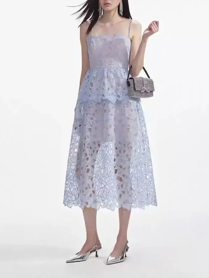 

New Spring/Summer Water Diamond Lace Hollow Suspended Dress with Slim Fit and Ruffle Edge Long Dress