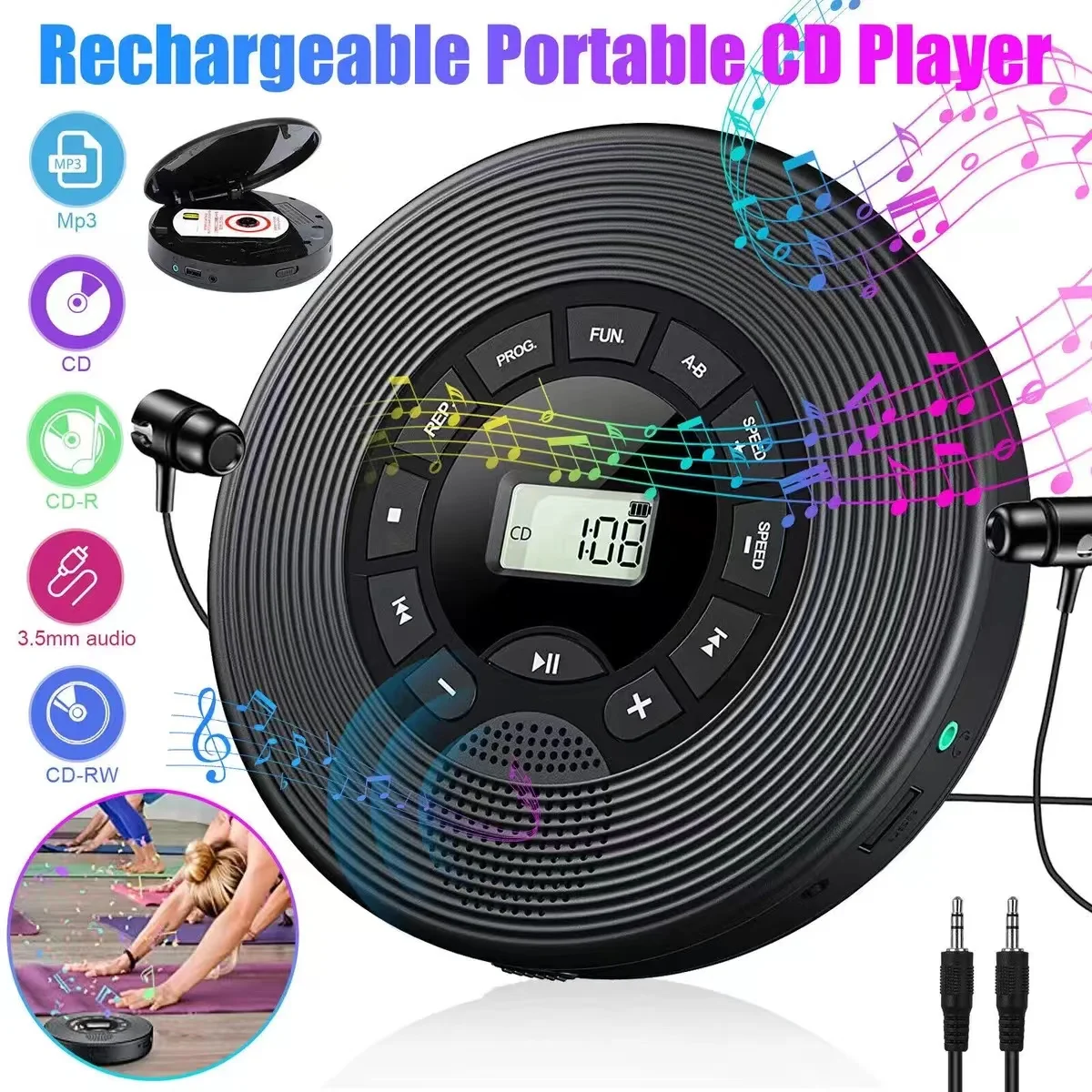 Portable Personal CD Player,MP3 Player with Anti Skip Protection,Stereo Speaker, play speed adjustment,AUX input,USB player