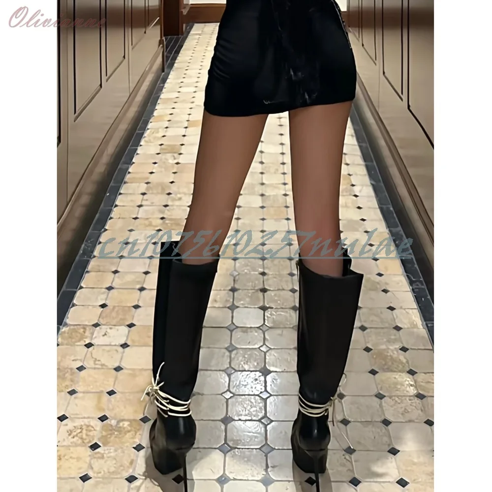 รองเท้าบูทส้นสูงแบบส้นเข็ม ดีไซน์สายรัด สไตล์เท่ห์สีดำ แฟชั่นสำหรับผู้หญิง ใส่เที่ยวกลางแจ้ง งานปาร์ตี้ ฤดูร้อน