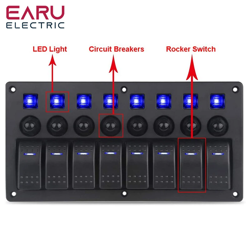 Panel de interruptor basculante para barco marino, 8 entradas, con disyuntores, Panel de interruptor LED de 12V y 24V para barco, RV, Camper,