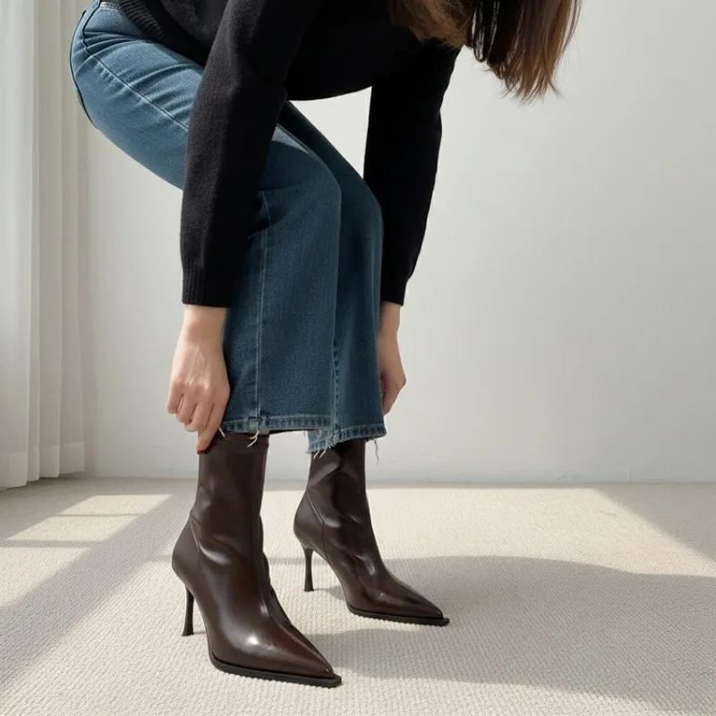 

Street Style Pointed Toe Slim Women Ankle Boots Fashion Thin Heels Shoes Female Modern Short Booties Spring Pointed Toe Women 40