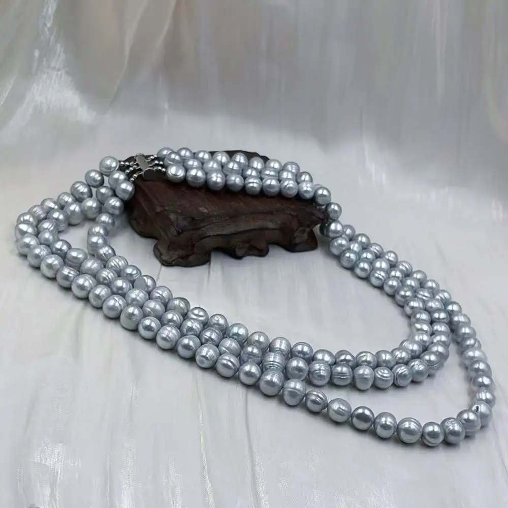 

10x12 мм 3-прядное модное рисовое серое натуральное пресноводное жемчуг женское ювелирное многослойное ожерелье 18-20 дюймов