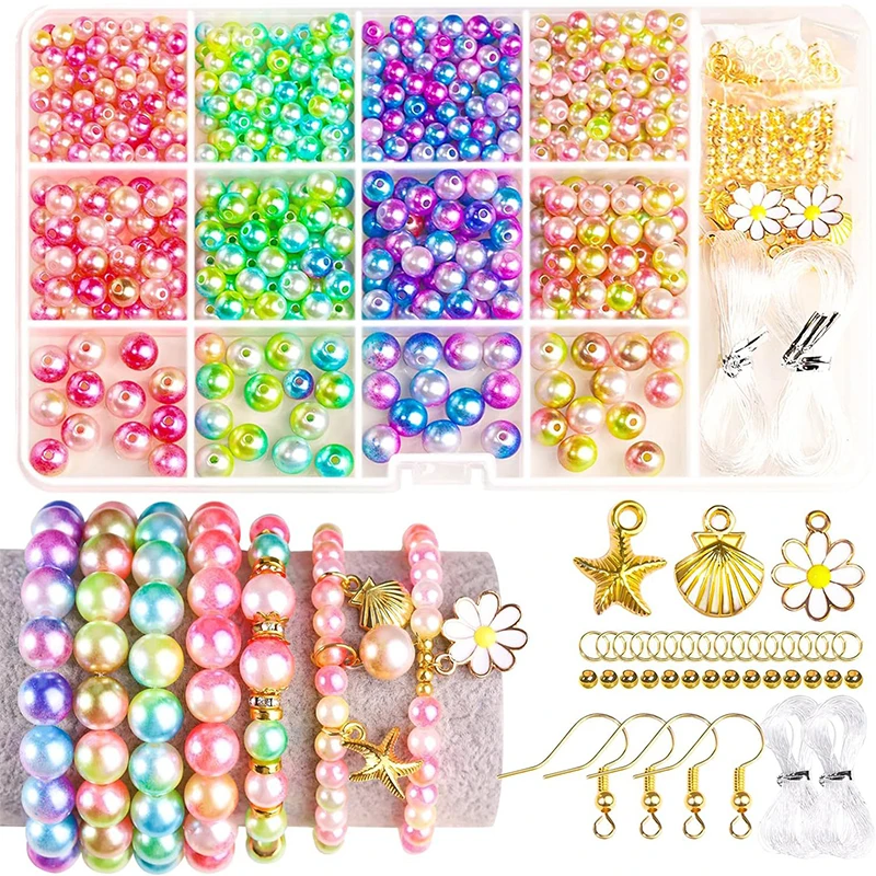 Kit de cuentas de perlas degradadas, Kit de fabricación de pulseras de cuentas de perlas ABS de arcoíris para pendientes, collares, pulseras, artesanía para hacer joyería