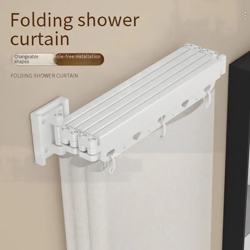 

Foldable Waterproof Shower Curtain Rod Free Drilling Bathroom Partition Suction Cup Shower Curtain Poles Indoor Drying Rack
