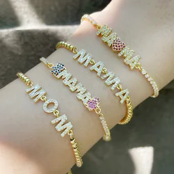 FLOLA Gold Plated Chain MAMA Letter Bracelets For Women CZ White Stone Crystal MOM Bracelet Mother Jewelry Gifts brtd42