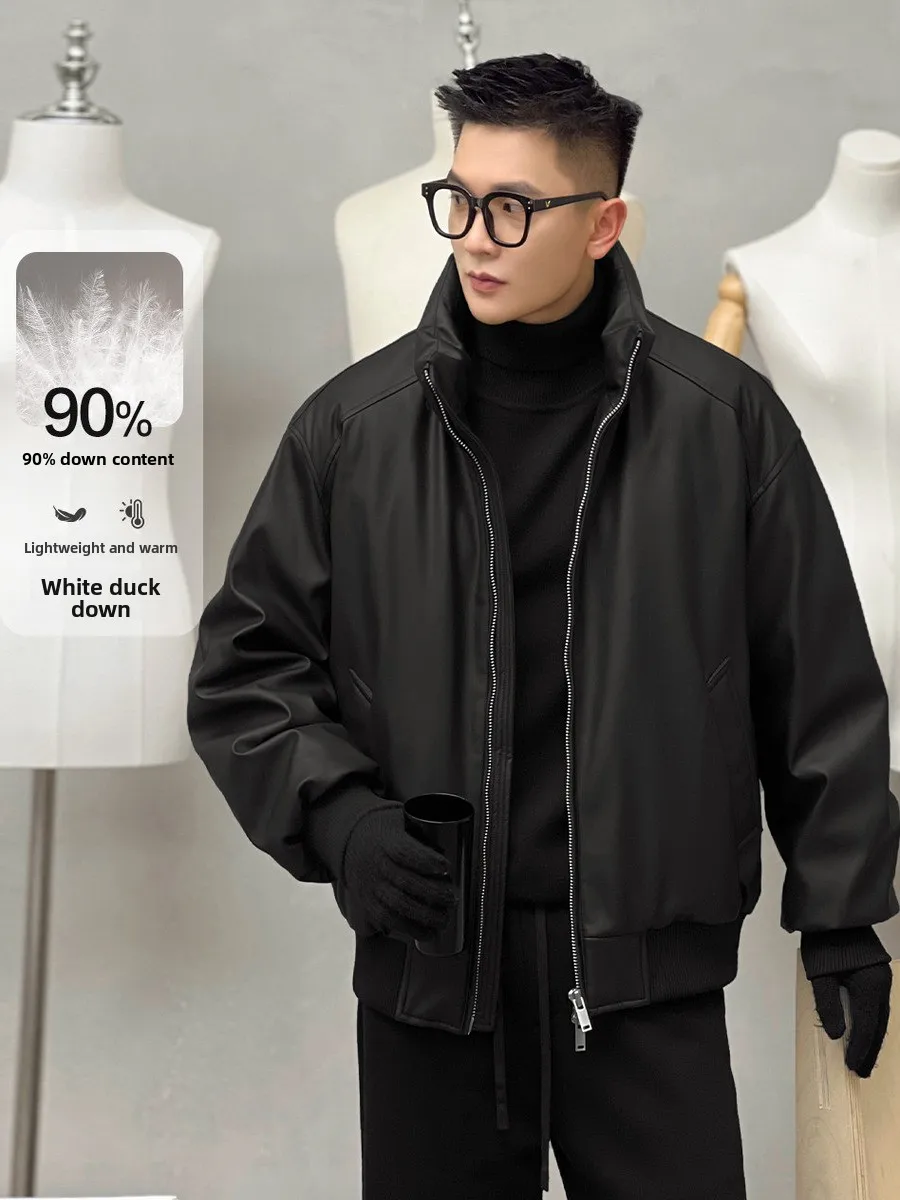 

Men's Stylish Biker down Jacket White Duck Feather Thickened Warm Casual Fashion Short Coat Polyester Fiber Long Sleeve