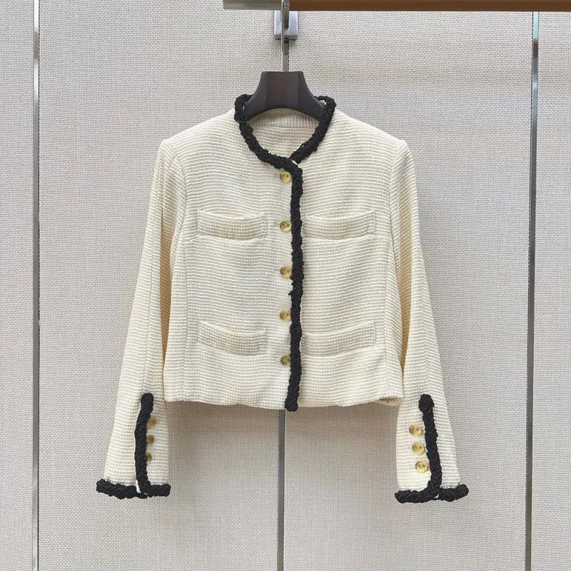 Crew-Neck Braided Jacket with Color-Block Trim & Gold Buttons