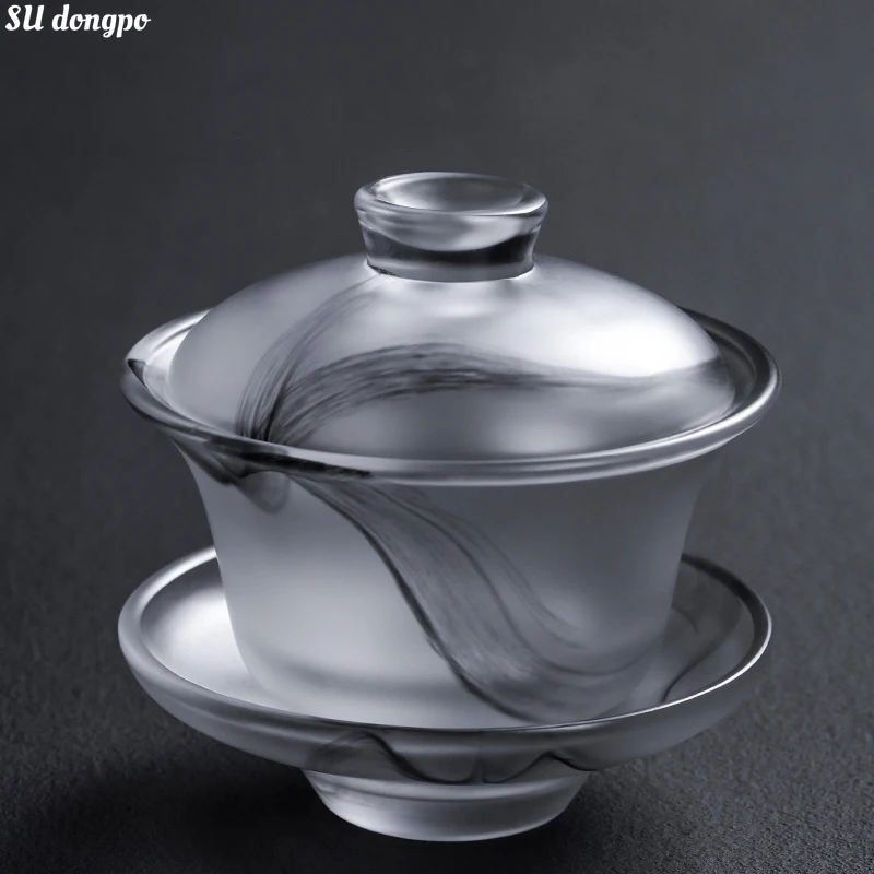 Chinese Ink Gaiwan Large Capacity Ink Glass Covered Bowl - Tianquan Thickened Kung Fu Tea Bowl High Grade Exquisite Tea Set