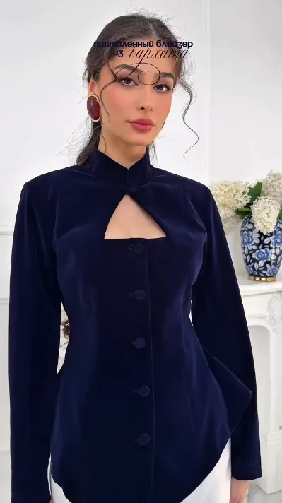 시크한 벨벳 슬림 셔츠 여성 하프 하이 칼라 긴팔 허리 조임 크롭 탑 2026 봄 여성 출근 셔츠