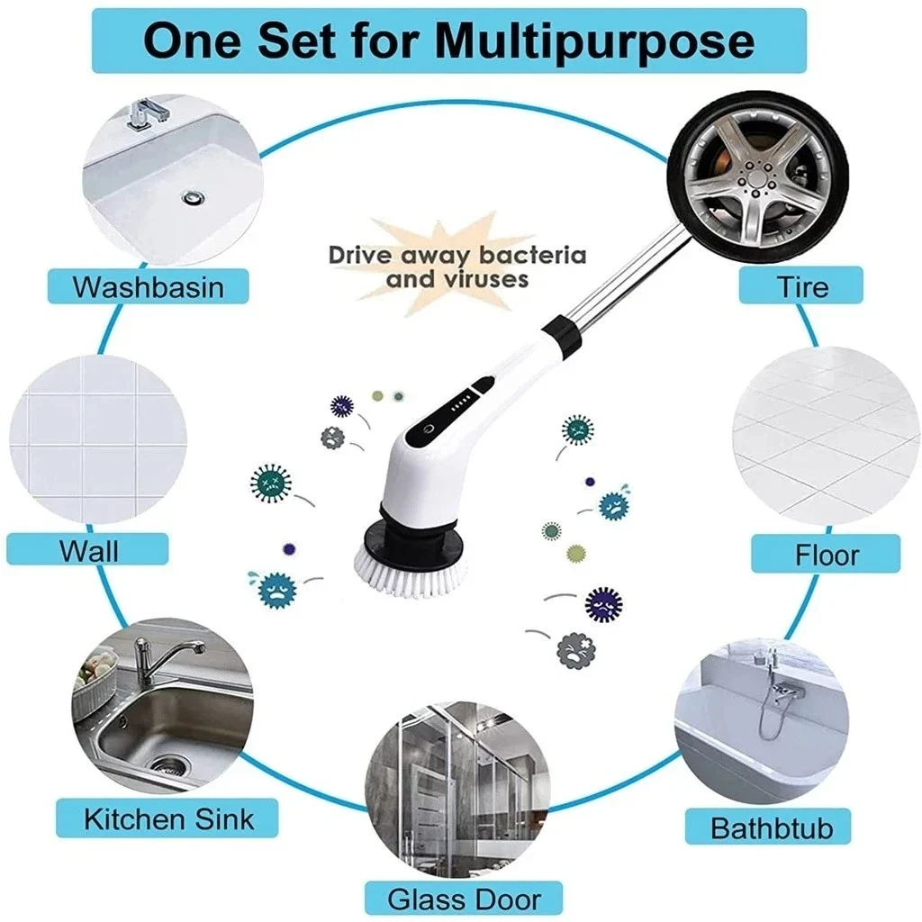 8-in-1 Multifunctional Electric Cleaning Brush Bathroom Kitchen Brush Cleaning With LED NightLight Rotatable Household Brush