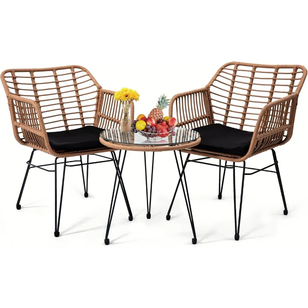 

3 Pieces Wicker Patio Bistro Furniture Set, Includes 2 Chairs and Glass Top Table, Ideal for Porch