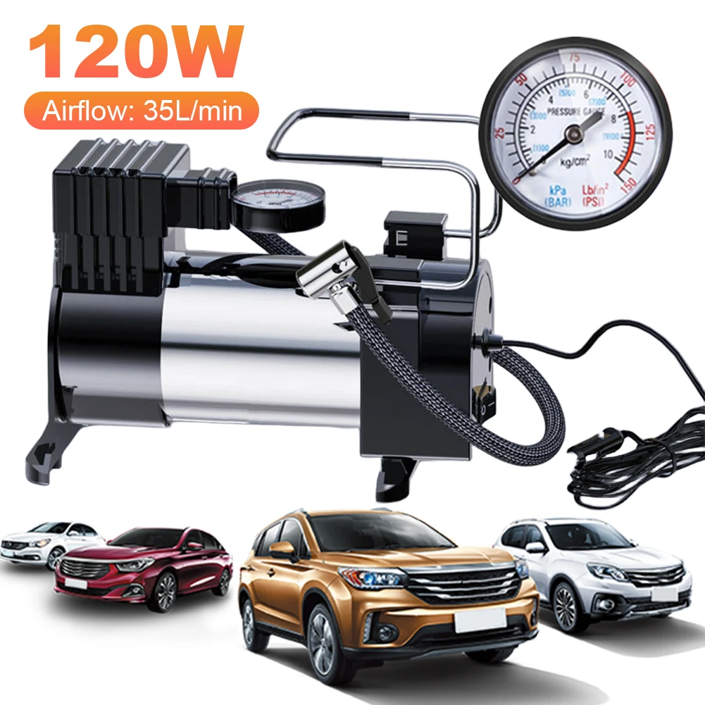 12V Car Tire Pump Cylinder Power System Car Electric Air Pump Heavy Duty Deluxe Portable Metal Air Compressor Car Tyre Inflator