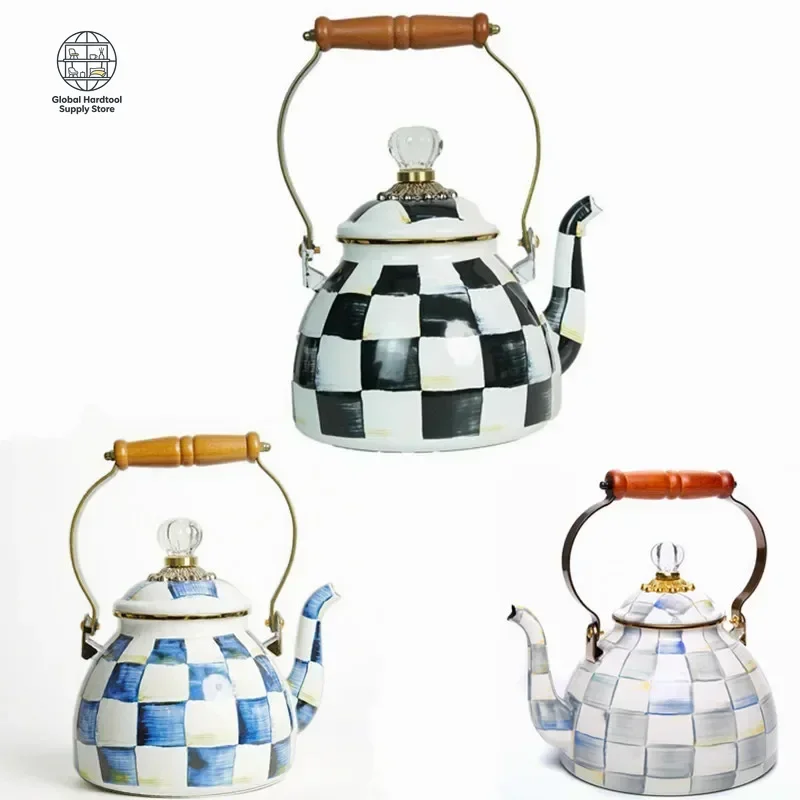 2.5 Quart Check Enamel Tea Kettle Vintage Enameled Teapot Stovetop For Water Coffee Tea Pot Home Kitchen Decor With Handle