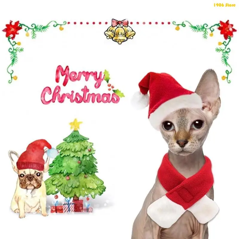 U1JB Dog Christmas Outfit Santa Hat and Scarf Set Funny Costume Holiday Dress up