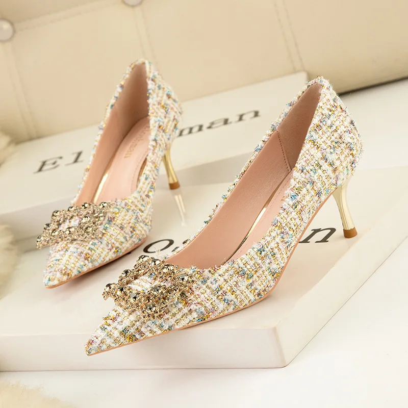 

5Cm High Heels Women's Sandals Designer Pointed Tip Rhinestone Metal Decoration High Heels for Woman Fashionable Women's Shoes