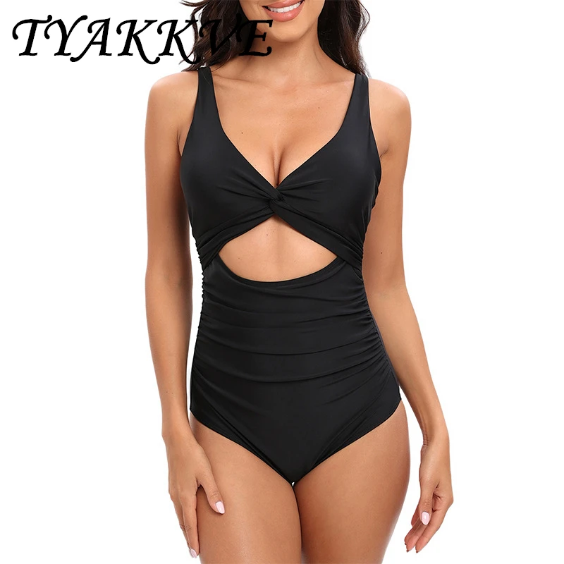 

TYAKKVE Sexy V Neck One Piece Swimsuit 2024 Mujer Women Black Hollow Out Tummy Control Swimwear Beach Bathing Suit Slim Monokini