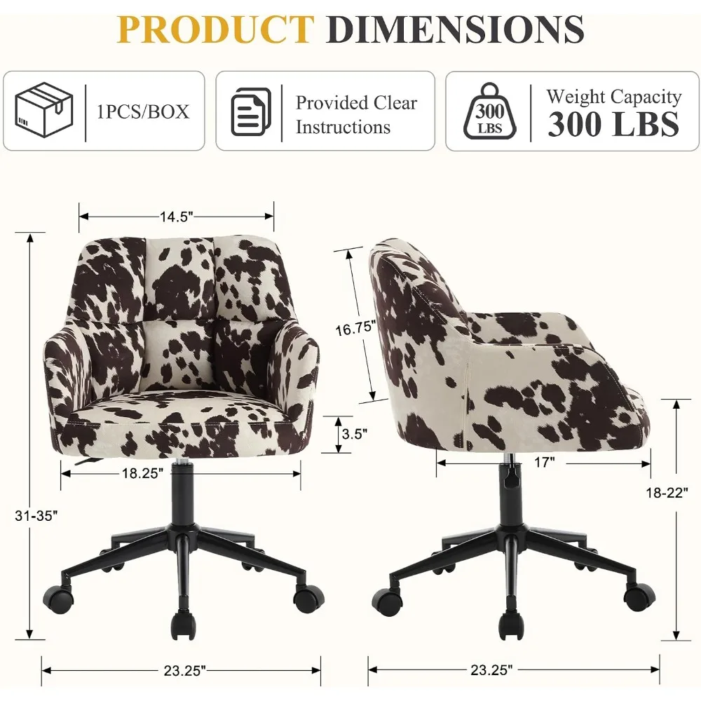 Velvet Cow Print Desk Chair with 360° Swivel and Adjustable Height for Home Office and Living Spaces