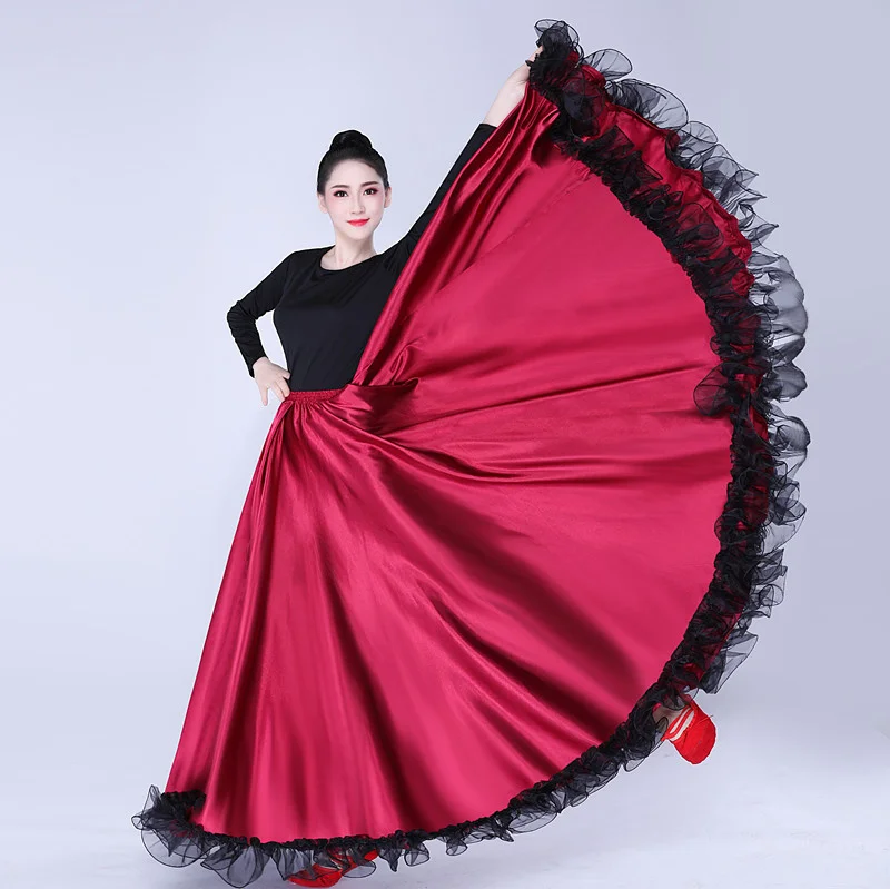 Gonna lunga da donna in raso a strati neri rossi per danza del ventre di flamenco spagnolo Gypsy Mexico Ballet Folklorico Performance Costume