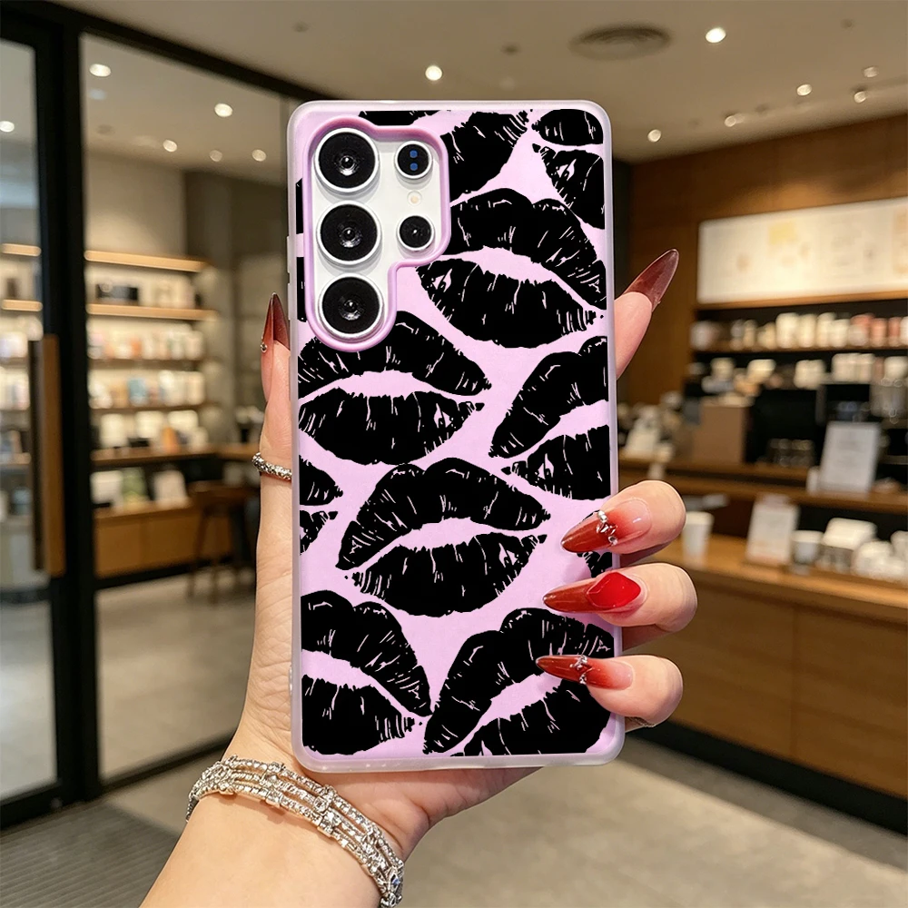 Black Lip Print Shockproof Anti-Drop Dual Layer Jelly Soft Case For Samsung Galaxy S26 S25 S24 S23 S22 S21 S20 Ultra Plus