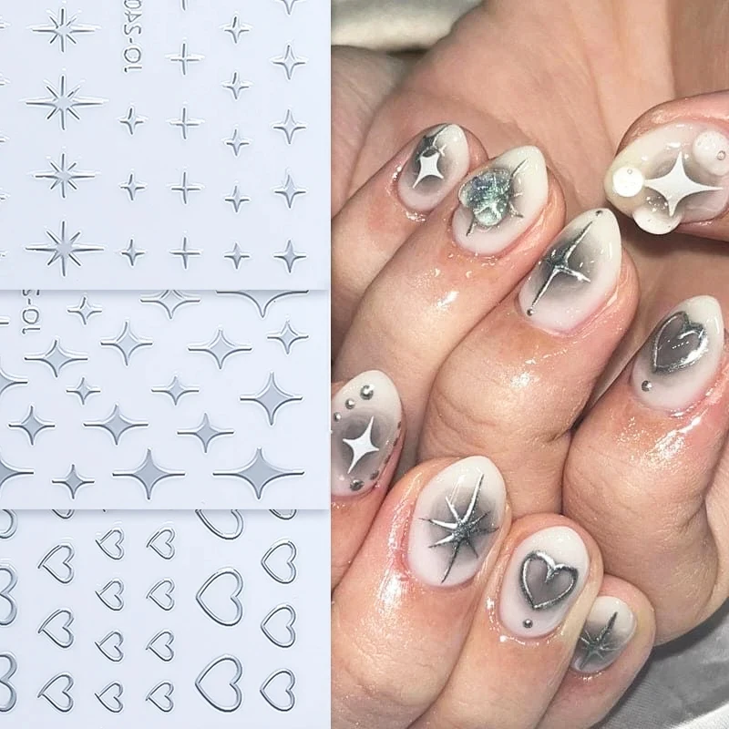 

Металлическая зеркальная серебряная звезда 3D наклейка для ногтей любовь сердца бабочка клейкие наклейки для ногтей маникюр Дизайн ногтей своими руками декоративные обертки