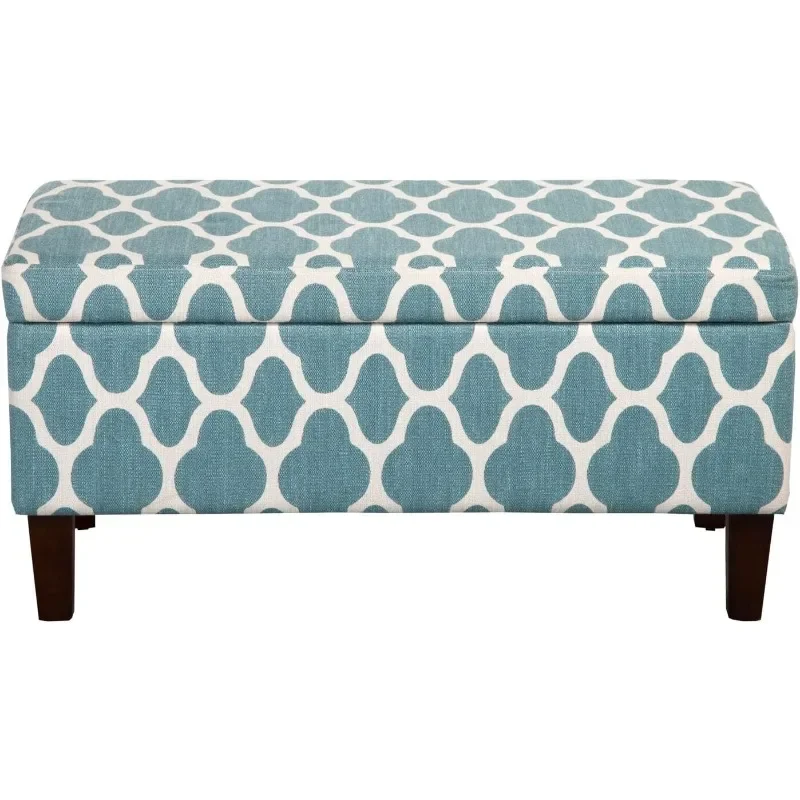 Large Upholstered Rectangular Storage Ottoman Bench with Hinged Lid, Teal Blue Geometric