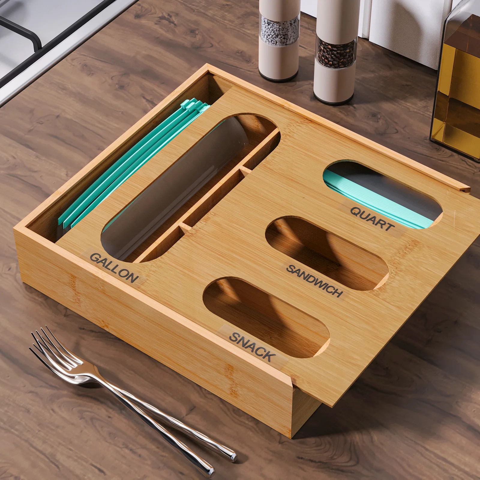 Soporte de bolsas de comida con cierre hermético de bambú, dispensador de papel de aluminio, organizador Compatible, soportes y estantes de