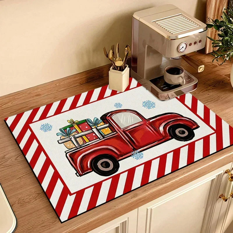 Christmas Print Waterproof Absorbent Dish Drying Mat Decor Multi Functional Kitchen Counter Dining Table Coffee Machine Pad