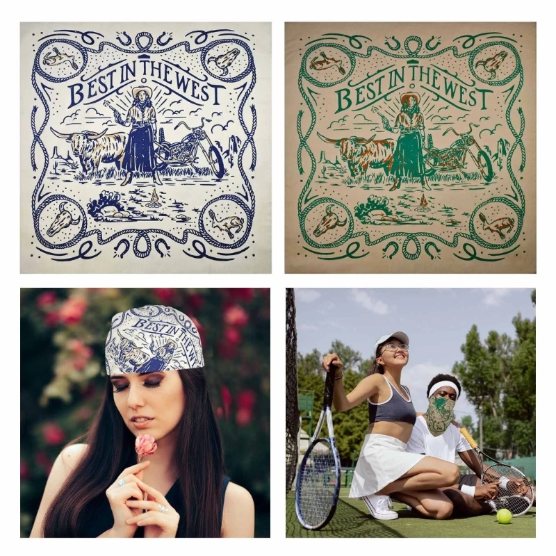 Vintage Western Printing Bandannas for Street Dance Paisleys Headscarf Adult Unisex Neckerchief Sport Kerchief 2Pieces