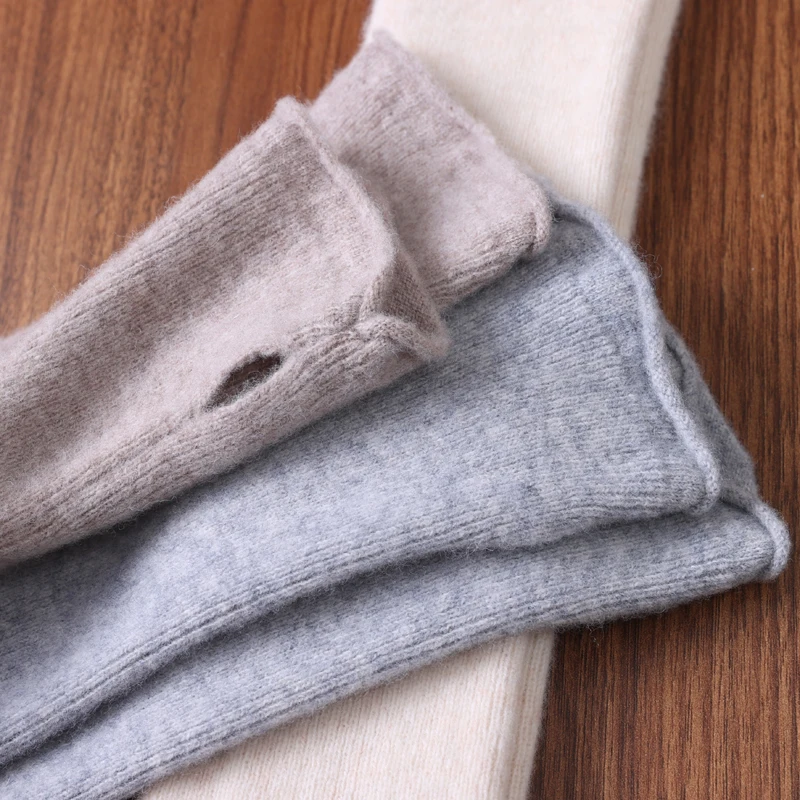 Women's 100% Pure Wool Long-Sleeved Fingerless Gloves Warm Elbow-Length Knitted Mittens Solid Color Hand Warmers