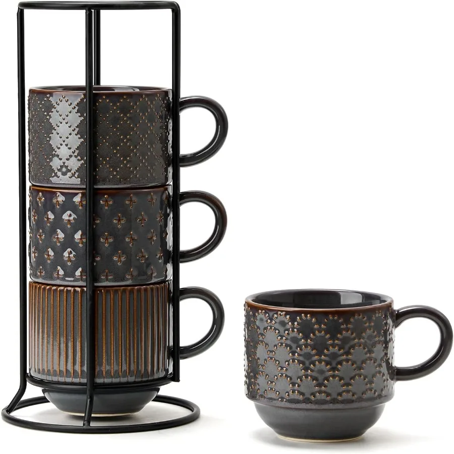 

Large Ceramic Coffee Mug Set of 4 with Stand 15 Oz Stackable Embossment Ribbed Latte Cup Set for Cappuccino Latte Tea Hot Cocoa