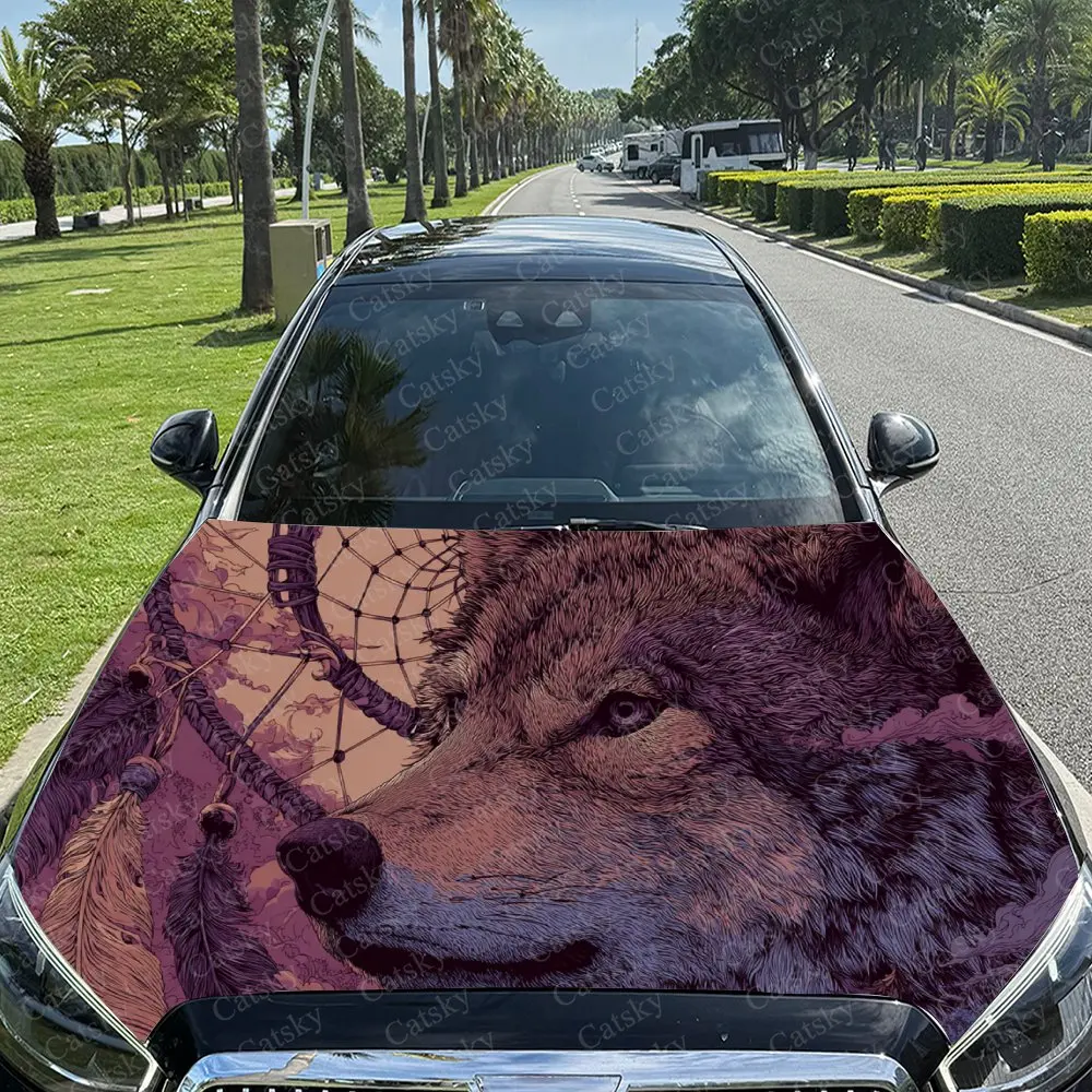 Car Decal Wolf with Purple Web Artistic Fusion Design, Creating a Mysterious and Captivating Visual Car Hood Sticker, Waterproof
