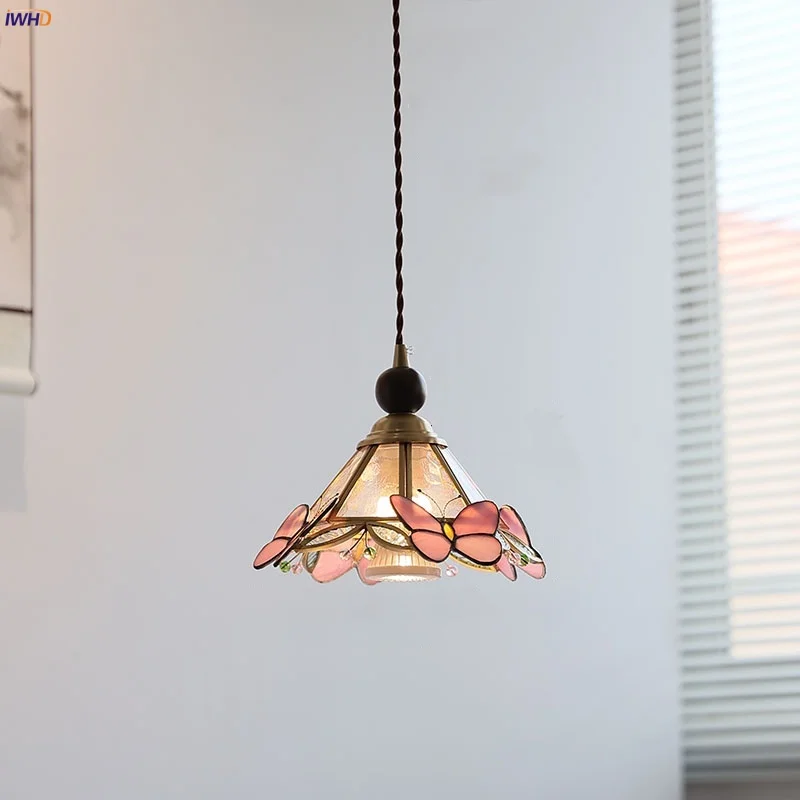 

IWHD Butterfly Pink LED Pendant Lamp Hallway Cafe Walnut Wood Clear Glass Nordic Modern Home Decor Hanging Lights Lampu Gantung