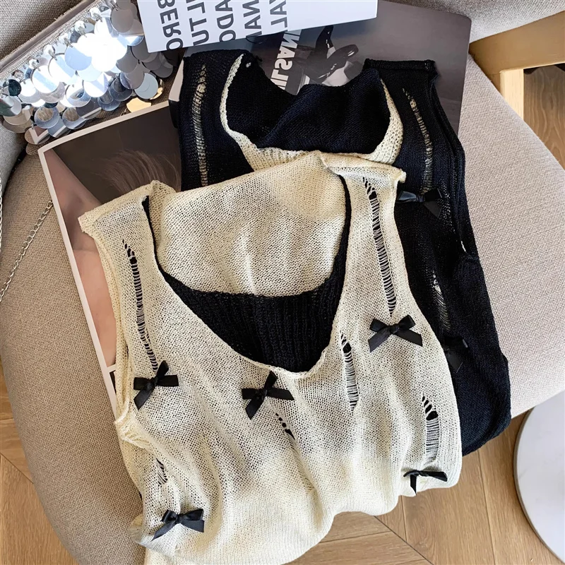 

Pure Desire Hong Kong Sle Hollow out Knitted Vest Women's Loose Outerwear Summer Knot Fake Two-Piece Strap Top Women